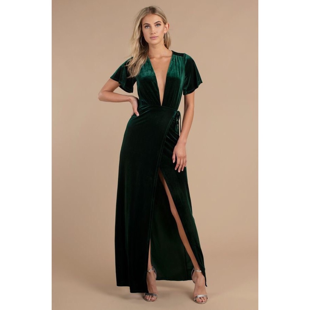 Tobi Green Velvet Maxi Wrap Dress - Small/Petite
